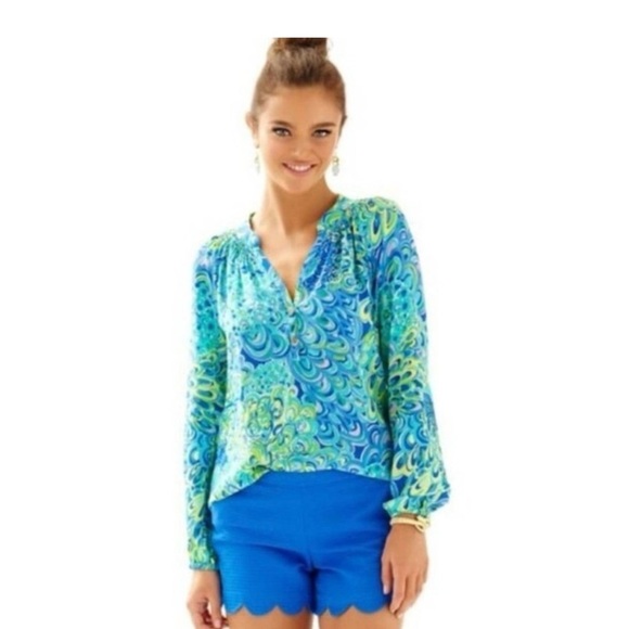 Lilly Pulitzer Lilly’s Lagoon Print Elsa Silk Sea Blue Top Blouse Size Small - Picture 1 of 13